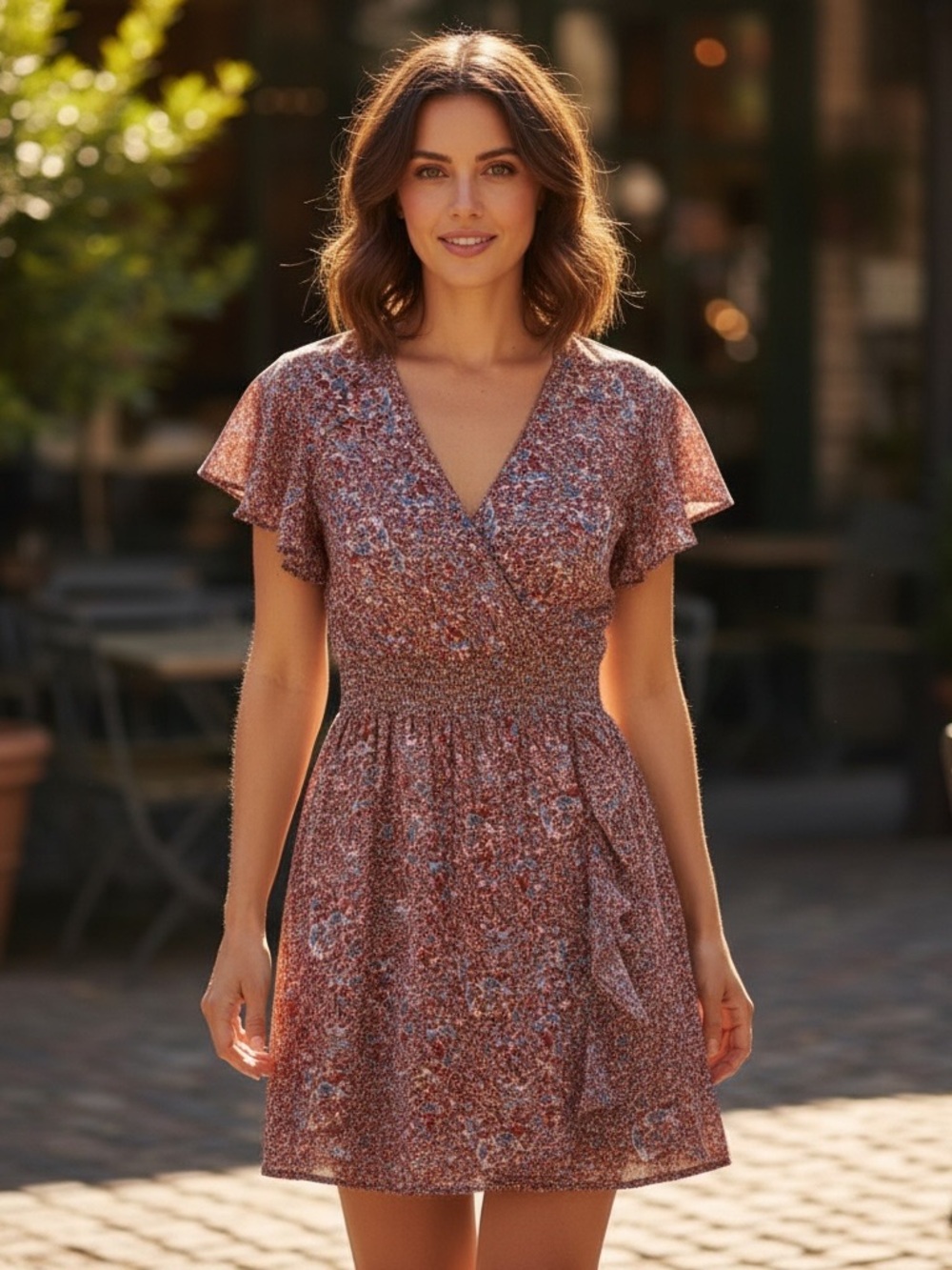 Japna Rust Floral Smocked-Detail V-Neck Mini Dress Size Small